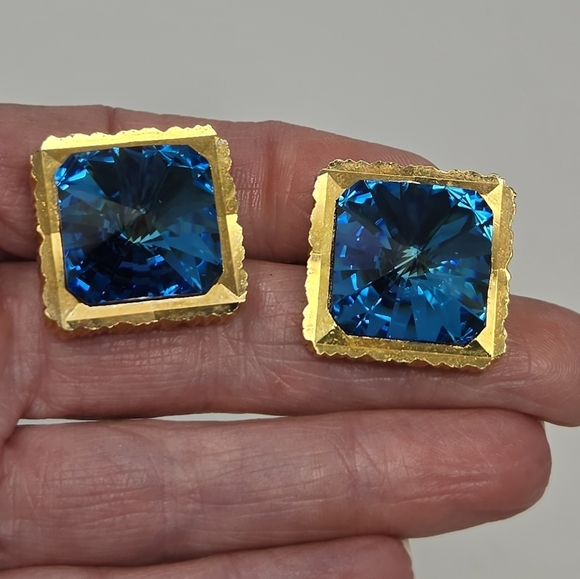 VINTAGE 1960S GOLD TONE BLUE RIVOLI CUFFLINKS MENSWEAR CLASSIC 1" SQUARE MCM - Picture 11 of 11